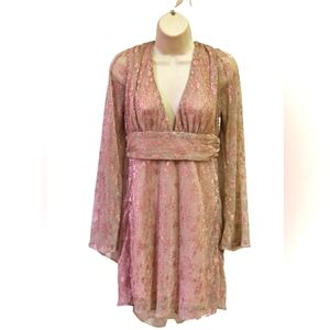 Storia The Josette Mini Dress in Pink Metallic Print, Long Sleeve, Medium, NWT